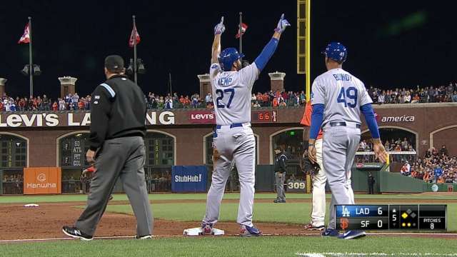 Puig hustles into third standing for a RBI triple 