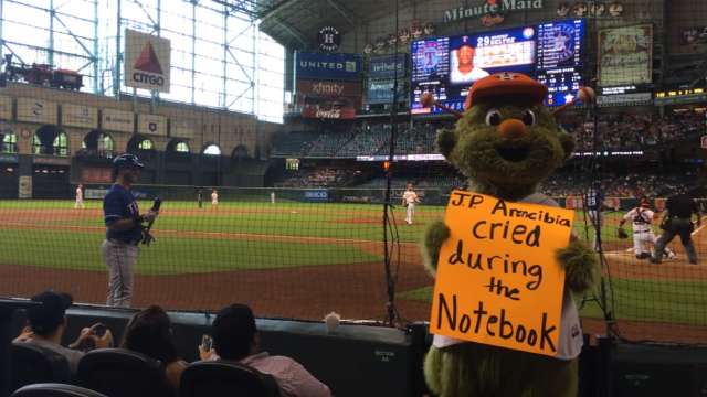 Astros mascot Orbit streaks through Minute Maid Park on his birthday