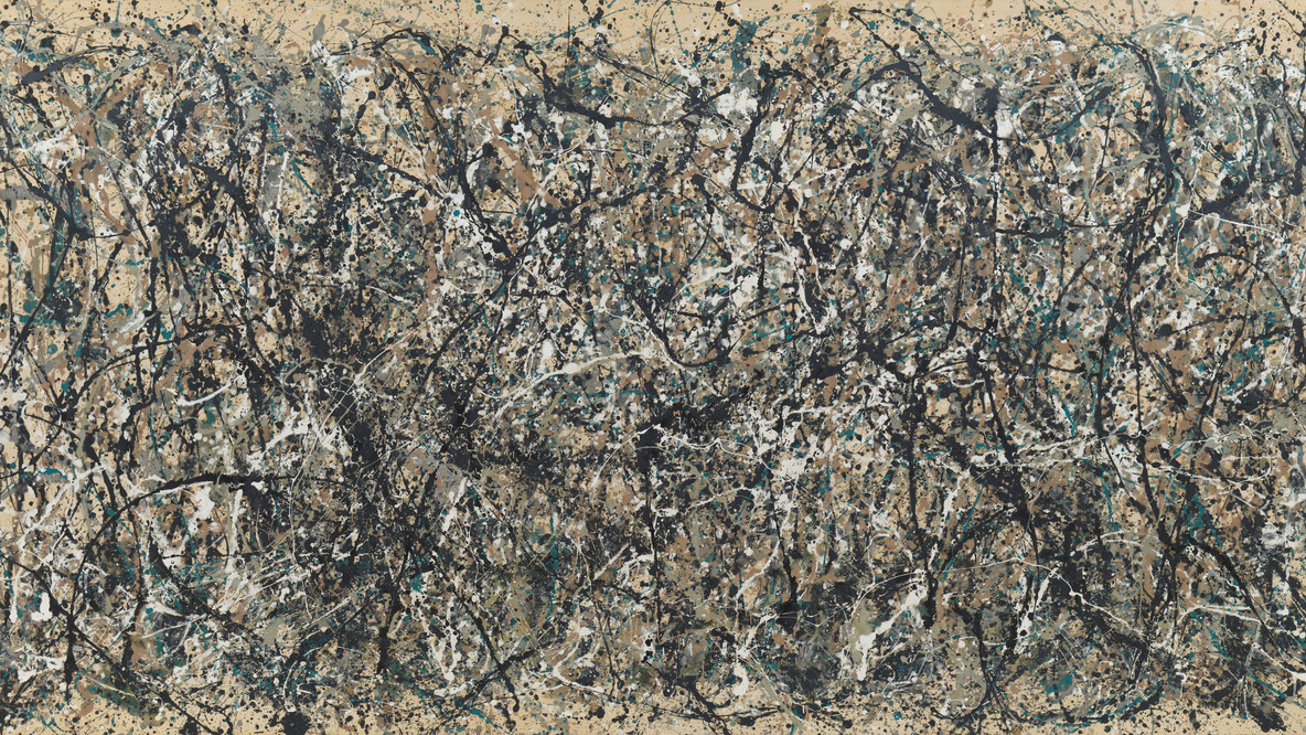 Abstract expressionist painting with dynamic black, white, and teal splatters on a beige background