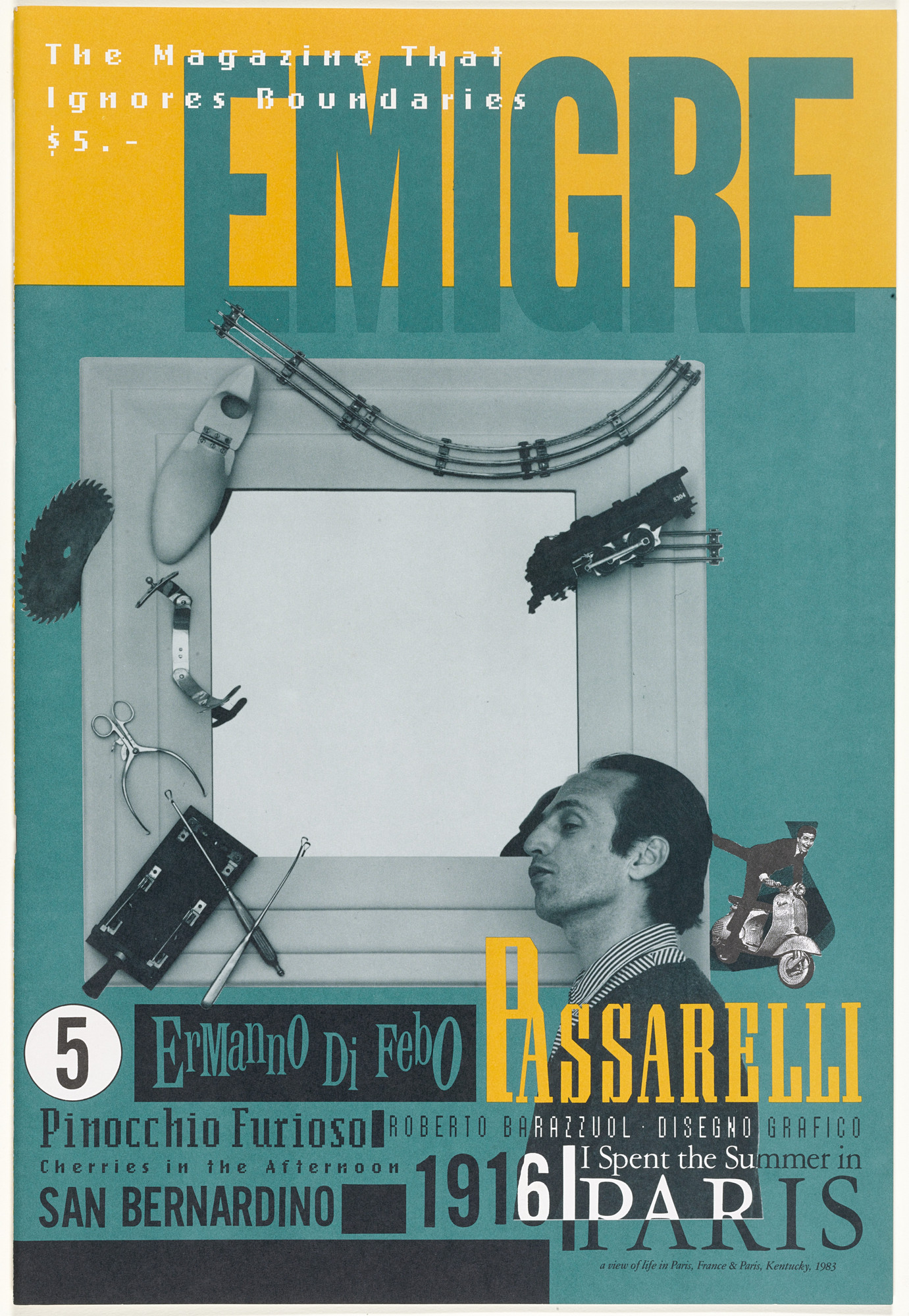 Emigre magazine cover with collage, male profile, and toy train
