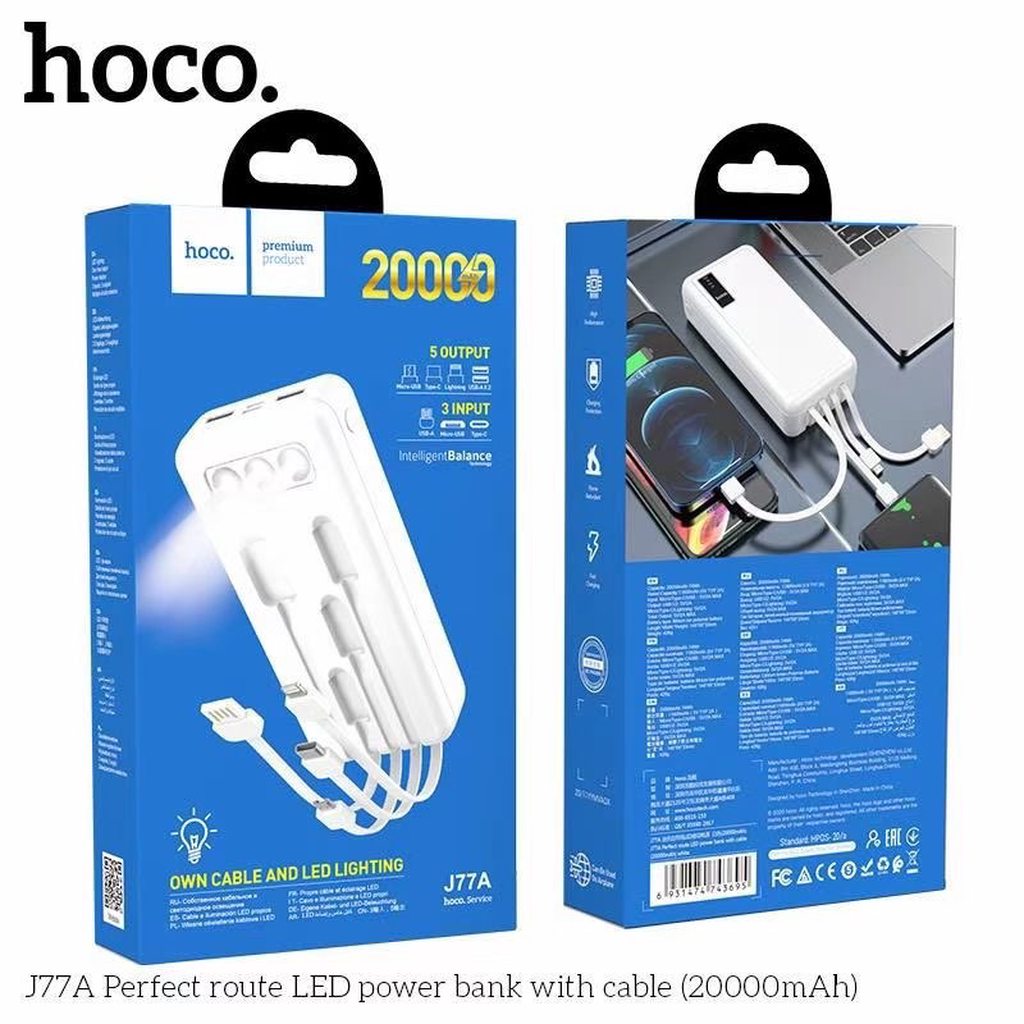 SẠC DỰ PHÒNG KÈM 4 DÂY SẠC LIỀN HOCO J77A / 20000MAH 2 CỔNG RA - CHÍNH HÃNG