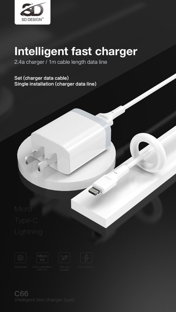 BỘ SẠC NHANH SD DESIGN C66 DÒNG 2.4A ĐẦU TYPE C - CHÍNH HÃNG