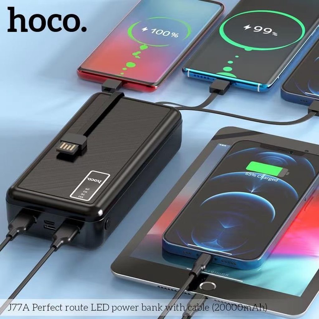 SẠC DỰ PHÒNG KÈM 4 DÂY SẠC LIỀN HOCO J77A / 20000MAH 2 CỔNG RA - CHÍNH HÃNG