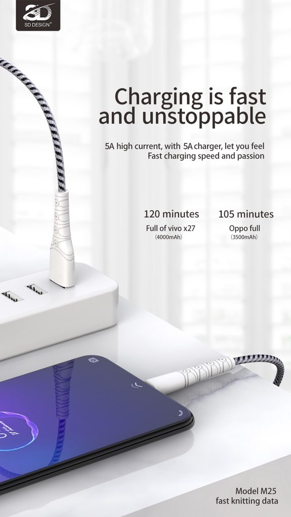 CÁP SẠC NHANH SD DESIGN M25 DÒNG 5A ĐẦU LIGHTNING DÀI 1M - CHÍNH HÃNG