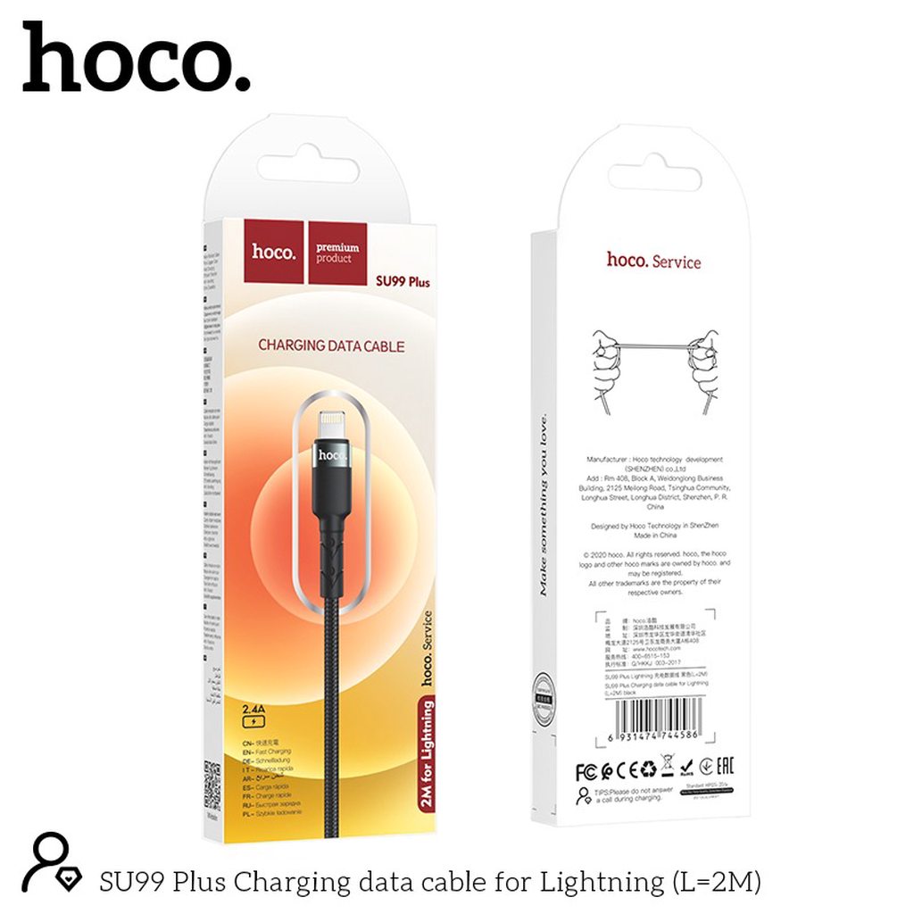 CÁP SẠC NHANH HOCO SU99 PLUS LIGHTNING DÒNG 2.4A DÀI 2M - CHÍNH HÃNG