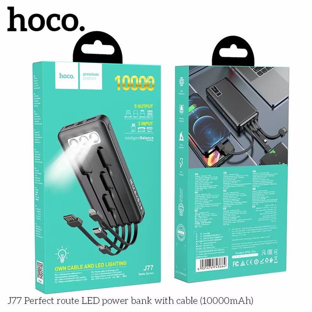 SẠC DỰ PHÒNG KÈM 4 DÂY SẠC LIỀN HOCO J77 / 10000MAH 2 CỔNG RA - CHÍNH HÃNG
