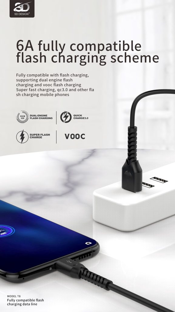 CÁP SẠC NHANH SD DESIGN T8 DÒNG 6A ĐẦU TYPE C DÀI 1M - CHÍNH HÃNG