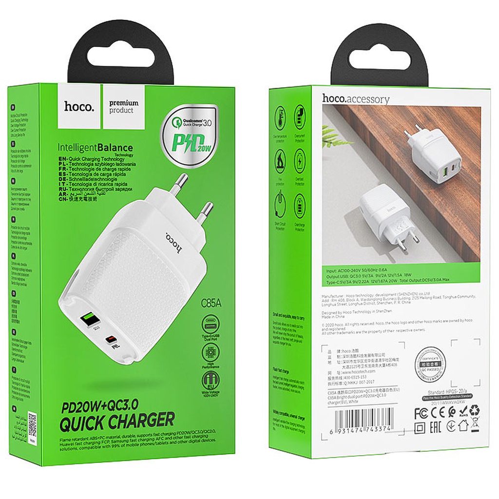 CỦ SẠC NHANH HOCO C85A PD / 20W / QC3.0 - CHÍNH HÃNG
