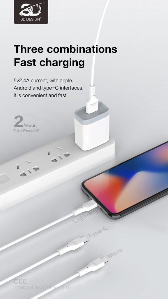 BỘ SẠC NHANH SD DESIGN C66 DÒNG 2.4A ĐẦU LIGHTNING - CHÍNH HÃNG