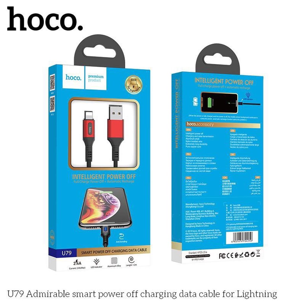 CÁP SẠC NHANH HOCO U79 TỰ NGẮT ĐẦU LIGHTNING DÀI 1,2M - CHÍNH HÃNG